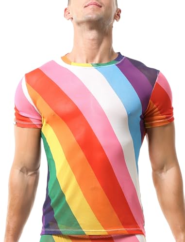 FYMNSI Men's Sheer Mesh T-Shirt Tops Sexy See-Through Short Sleeve Printed Round Neck Muscle Top Tees Pullover Party Nightclub Festival Rave Outfits Workout Gym Sports Clubwear Rainbow M