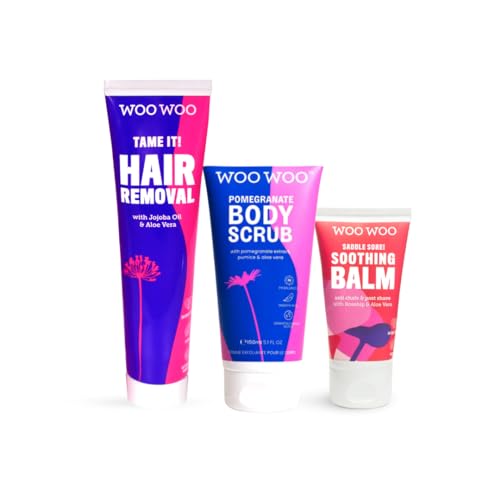 WooWoo The Bikini Babe Bundle - Tame It! Intimate Hair Removal Cream 100ml Pomegranate Body Scrub 150ml and Saddle Sore Soothing Balm 50ml - Depilatory Exfoliating Scrub and Moisturiser Set