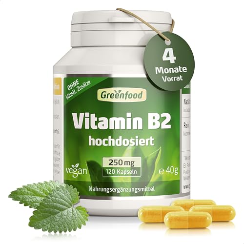 Vitamin B2, hochdosiert, 250mg - 120 Kapseln, vegan. Riboflavin – unterstützt Energiestoffwechsel, Sehkraft, Haut & Nerven. OHNE künstliche Zusätze - laborgeprüft. Von Greenfood.
