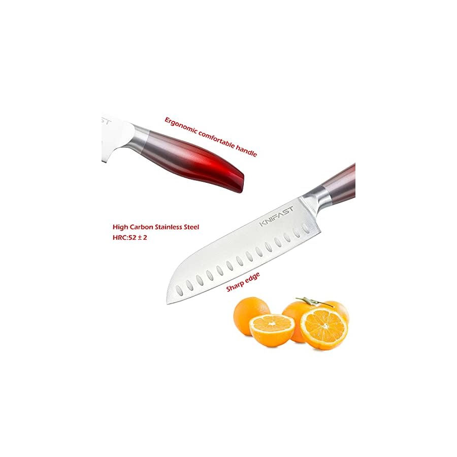 Knife Set With Block, KNIFAST Full Tang 17-Pieces Kitchen Knife Set With Block Wooden German Stainless Steel Cutlery With Knife Sharpener & 6 Steak Knives (Red)