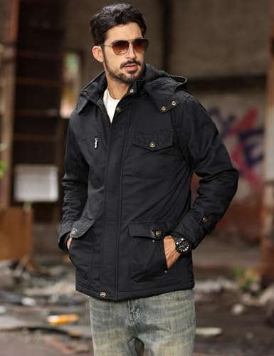 MAGCOMSEN Parka Herren Winterjacke Winddichte Gefüttert Winter Warme Fleece Cargo Jacke Stehkragen Übergangsjacke mit Abnehmbarer Kapuze Schwarz S