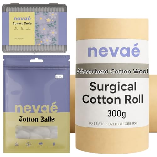 Image of Nevae Hygiene Essentials Pack | Beauty Buds Cotton Balls Surgical Roll 300g | Soft Absorbent Multipurpose Personal Care Set