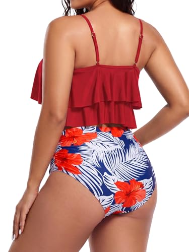 Image of Bathing Suits for Women High Waisted Swimsuits Tummy Control Two Piece Tankini Ruffled Top with Swim Bottom Bathing Suits