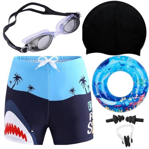 Image of Kids 6-in-1 Water Activity Kit with Trunks, Silicone Cap, Anti-Fog Goggles, Swim Tube, Nose Clip & Earplugs -Swim Set for Boys Pool, Beach