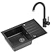 VBChome Spüle mit Armatur 78 x 50 cm Tiefes Becken 20cm Schwarz Küche Große Abtropfflache Unterschränke ab 55 cm Einbauspüle Verbundspüle Küchenspüle Einzelbecken + Siphon Wasserhahn
