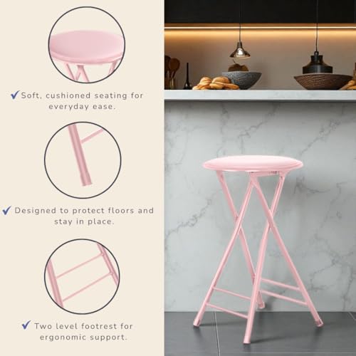 Image of Lavish Home Folding Stool with Padded Backless Seat, Pink, 24 Inch | Counter Height Bar Stools with 225lb Capacity, Portable Indoor & Outdoor, Extra Seat for Kitchen, Rec Room or Camping