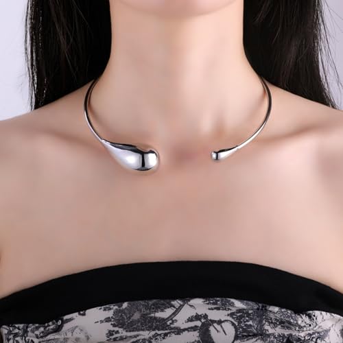 Bi&Yamigeo Teardrop Choker Necklace,Chunky Stainless Steel Tear Water Drop Open Cuff Collar Necklace,Dainty Waterdrop Jewelry for Women3