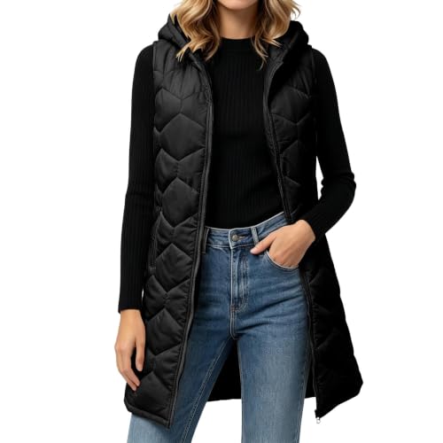 XOGWVJ Vest for Women Lightweight Womens Puffer Vest Long Hooded Quilted Sleeveless Winter Coat Full Zip Warm Longline Vests with Pockets Fall Clothes Black L - image 6
