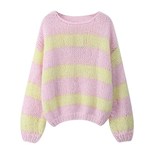 Image of Women Y2K Striped Sweater 90s Vintage Aesthetic Long Sleeve V-Neck Knit Pullover Jumper Loose Fall Sweatshirt