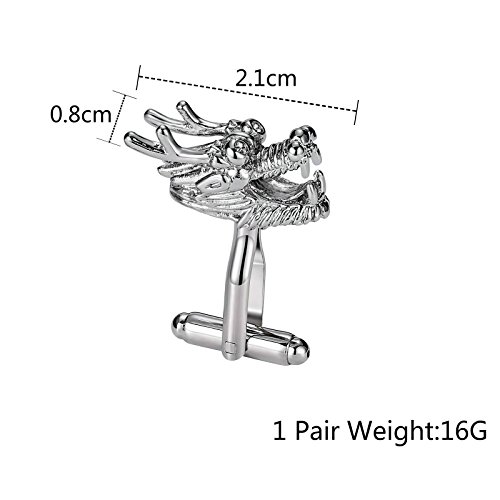 Mancuernillas de acero inoxidable con diseño dragón chino plateado miniatura 2