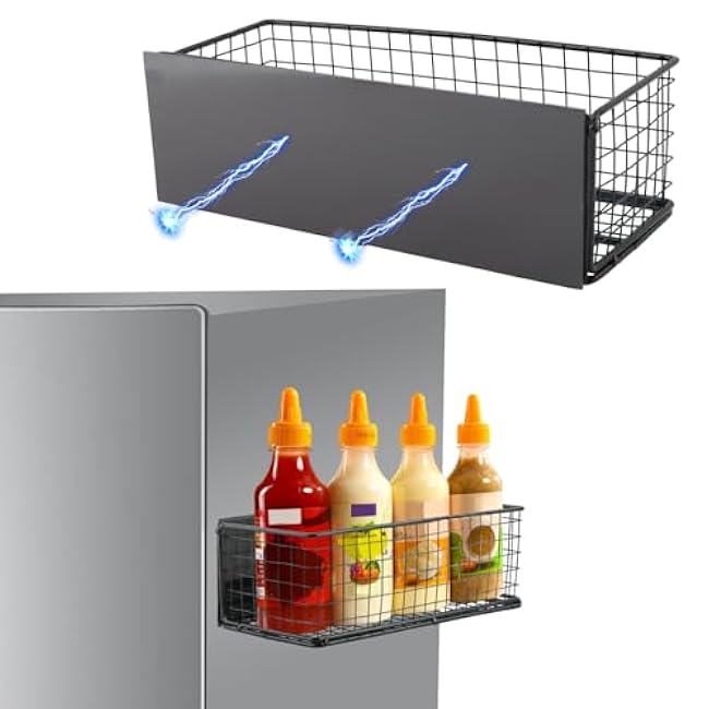 Magnetic Basket Magnetic Fridge Organizer, Magnetic Shelf for Fridge, Magnetic Spice Rack Wire Mesh Magnetic Organizer Holder Accessories(Black,Size:9.8x3.9x3inch)