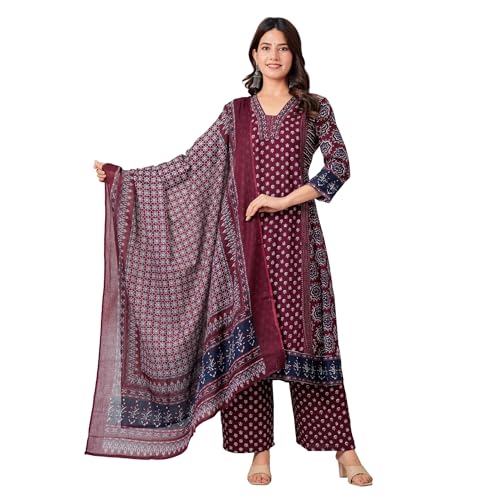 Anarkali Kurta Set for Women Rayon Printed Anarkali Kurti Pant Dupatta Set 3/4 Sleeve Maroon Festive Wear(Medium)