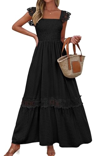 Image of PRETTYGARDEN Women's Smocked Summer Maxi Dresses 2026 Ruffle Cap Sleeve Square Neck Lace Detail Flowy Sundress with Pockets