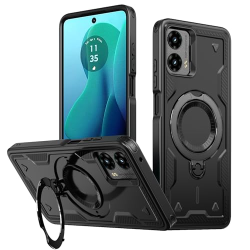 LEMAXELERS Funda magnética para Moto G Play 4G 2024 con soporte de anillo giratorio [compatible con MagSafe] Funda protectora militar a prueba de golpes para Motorola G Play 4G 2024, negro MQ