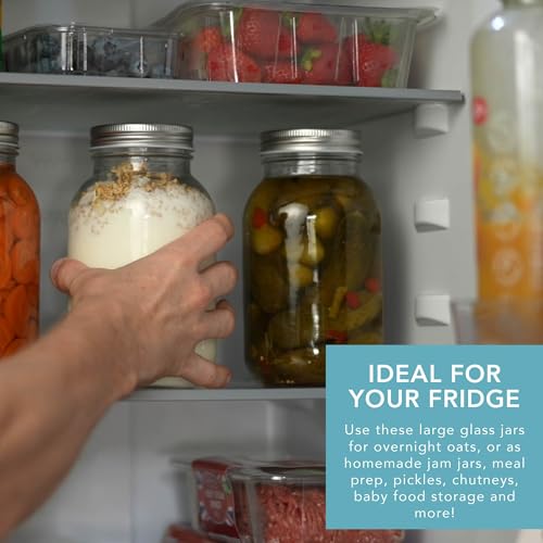 Glass Mason Jars with Lids 1L - Set of 6 Large Air Tight Jars for Overnight Oats, Homemade Jam, Food Storage, Meal Prep, Pickling, Preserving - Mason Jar 6 PCS (1 Litre)