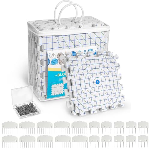 Image of Yiitoll Blocking Mats for Knitting, Extra Thick Knitting Blocking Mats with Grid Radial Lines, 9 Packs Crochet Blocking Board Includes 20 Blocking Comb Pins 100 T-pins and Storage Bag