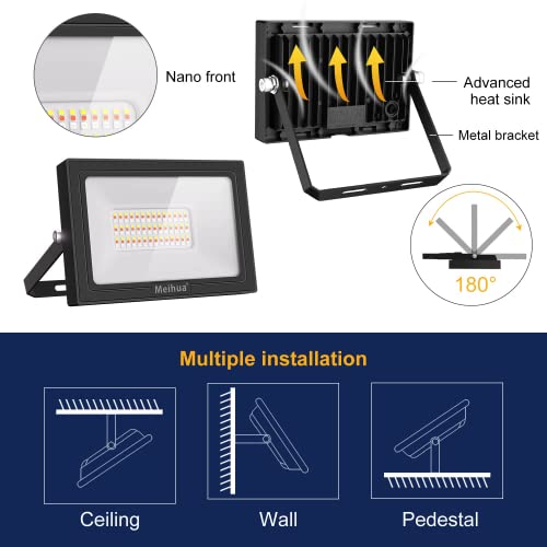 meihua 60w projecteur led rgb à télécommande 360 °, modes clignotant/fondu de lumière 12 couleurs décoratives, 3 minuteries, lampe extérieur ip66 étanche pour noël soirée salon concert et spectacle