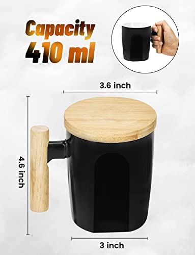 Howay Flat Bottom Mug With Wood Lid, Ceramic Tea Cup For Coffee Warmer, Flat Bottomed, Wooden Handle, 14Oz #TOP2