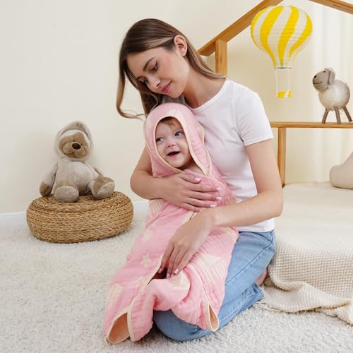 Glattol HardNok Bamboo Muslin Baby Towel Hooded,32 x 32 inches Silk Soft and Comfortable 6 Layer Large Bath Towel for Boys,Girls(Ocean Pink)……