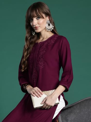 Image of INDO ERA Women's Viscose Rayon Straight Fit Embroide Straight Kurta (KT5WN10032)