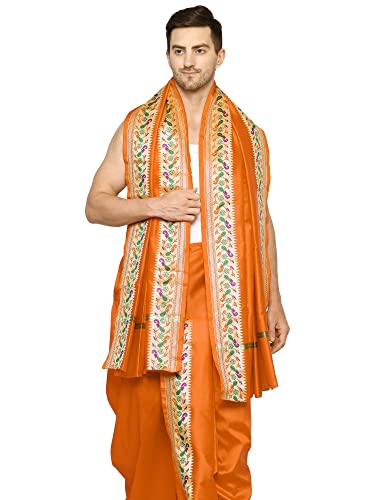 Image of Rameshwaram Fabrics Readymade Dhoti for Men, Velcro Style Stitched Mens Silk Dhoti Pant with Stole Set