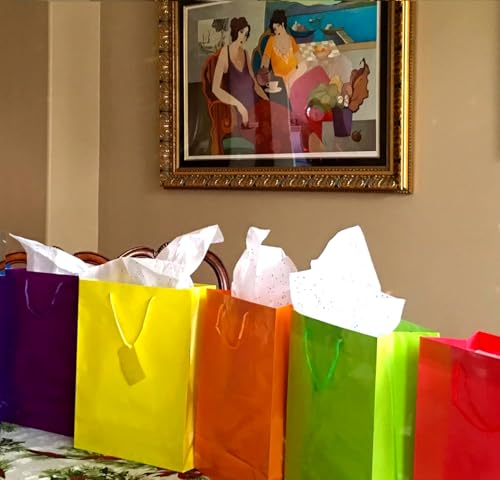 Adorox 12 Assorted (9" H x 7.5" L x 3.5" W) + 24 Tissue (20" x 26") Bright Neon Colored Party Present Paper Gift Bags Birthday Wedding All Occasion