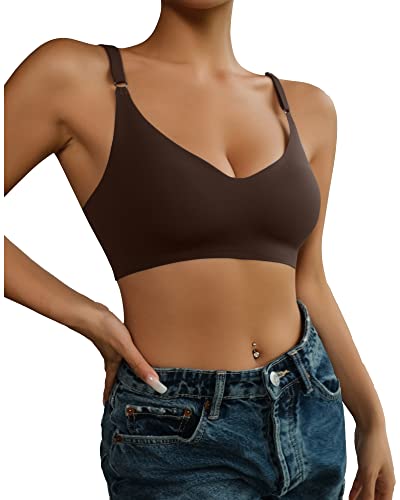 Image of DEANGELMON V Neck Bra Padded Seamless Adjustable Straps Bralettes Everyday Basic Sleeping Bras Multiple Pack