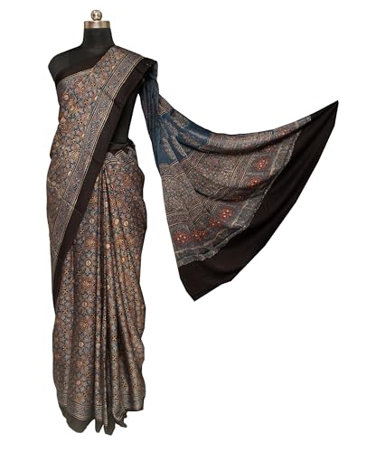Image of Ethnics of Kutch Womenss Ajrakh Modal Silk Natural Dye Hand Block Print Saree with Blouse Piece - 5.5 Mtr Length