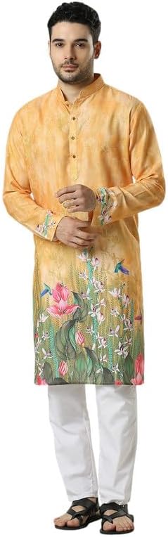 KOMPANION Men's Cotton Kurta | Floral Print Long Sleeves Kurta | Orange