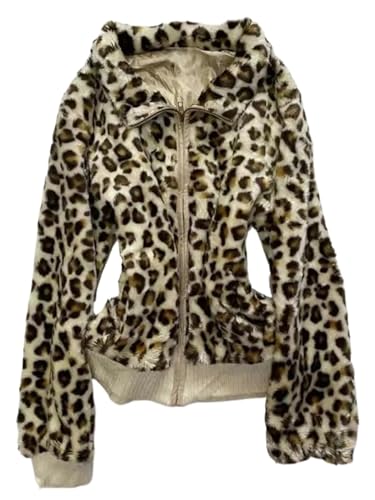 RONICY Fur Jacket Y2k Zip Up Hoodie Emo Grunge Long Seleeve 2000s Clothes Leopard Zipper Hoodie Streetwear (Leopard,Small)