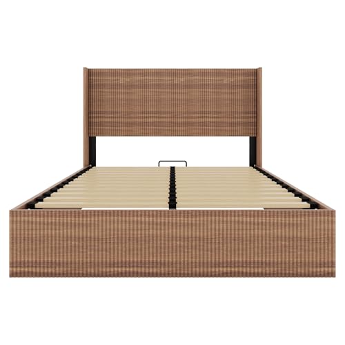 Image of Ball & Cast Queen Size Lift Up Storage Bed Frame with Wingback Headboard,Wooden Grooved Undulating Platform Bed Frame Queen with Hydraulic Storage,No Box Spring Needed,Rustic Brown