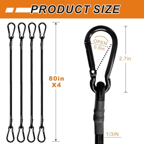 BEXSLE 80in 4 Pcs Bungee Cords with Carabiner Hooks Heavy Duty, Outdoor Black Bungee Straps, Strong Industrial Grade Elastic Bungee Rope for Securing Tarps, Luggage, Tents，Bikes or Garden Tidying by BEXSLE - Image 4