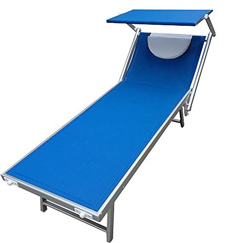 BAKAJI Lettino Prendisole Pieghevole da Mare con Tettuccio Parasole e Cuscino Poggiatesta Sdraio Stabilimento Piscina Spiaggia Professionale in Alluminio e Textilene 189 x 61 x 38 cm (Blu)