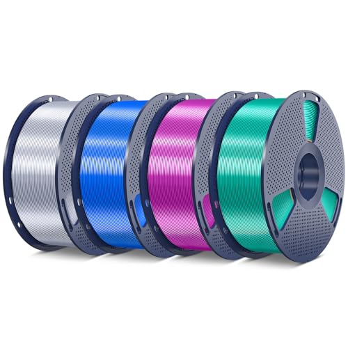 Image of SUNLU Silk PLA Plus Filament 4kg Bundle, Shiny Silk Surface PLA+ 3D Printer Filament 1.75mm ±0.02mm, Glossy 3D Printing Filament, 1kg Spool, 4 Packs. (Blue+Purple+Green+Silver)