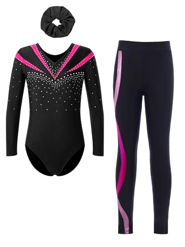 Fldy Kinder Mädchen Gymnastikanzug Langarm Mit Hose Lang Glitzer Turn Trikot Leggings Haargummi 3er Tanzkleidung Set Hotpink 134-140 Fldy Kinder Mädchen Gymnastikanzug Langarm Mit Hose Lang Glitzer Turn Trikot Leggings Haargummi 3er Tanzkleidung Set Hotpink 134-140