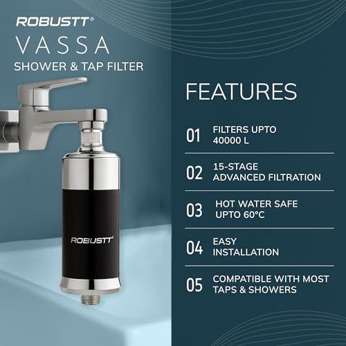 Image of Robustt Vassa 15 Stage Shower /Tap Filter & Water Softener for Home (Black) | Reduces Hair Fall, Skin Dryness & Limescale| Hard Water Filter For Tap, Shower, Handshower| Includes Kit & Manual