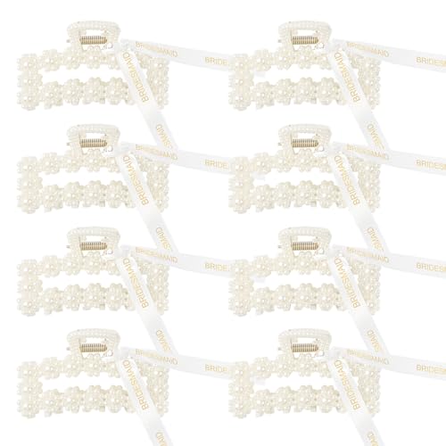 8 PCS Pearl Bridesmaid Gifts Rectangle Hair Claw Clips with Ribbon 3 Inch Hair Hccessories for Wedding Bachelorette Party Favors