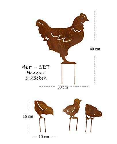 LB H&F Lilienburg Gartendeko 4er Set Hühner Hühnerfamilie - Henne mit 3 Küken - Set Roststecker Rost Metall wetterfest (Hühner Set)
