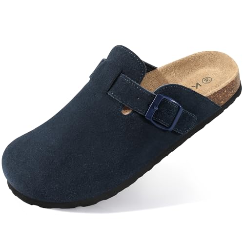 KIDMI Genuine Suede Clogs for Women Cork Footbed Sandals Leather Mules Potato Shoes with Arch Support Navy 37 (Size 6-6.5)
