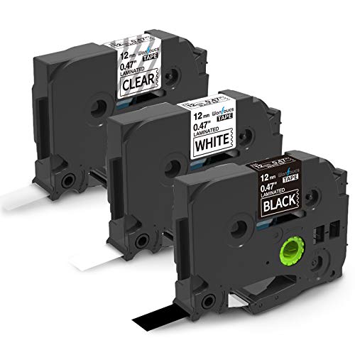 Wonfoucs Compatible Label Tape Replacement for Brother Label Maker Tape TZe-131 TZe-231 TZe-335 12mm 0.47 Laminated White/Clear/Black TZ Tapes for Brother P-Touch PTH110 PTD210 PTD200, 3-Pack