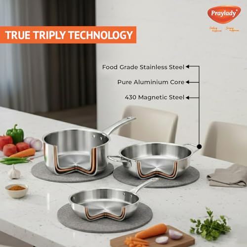 Praylady Triplus Aura Triply Stainless Steel Cookware Set (4 Piece) | 2.5mm Thick with 3 Layer | 24cm Kadai with Lid, 22cm Fry Pan, 16cm Saucepan |... - Image 3