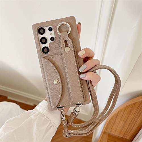 Coque cordon pour Samsung Galaxy S23 S22 S20 avec porte-cartes en cuir kaki
