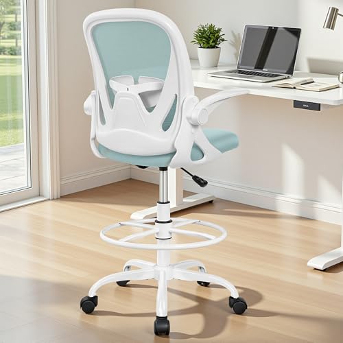 Image of Primy Drafting Chair Tall Office Chair with Flip-up Armrests Executive Ergonomic Computer Standing Desk Chair with Lumbar Support and Adjustable Footrest Ring(Light Blue)