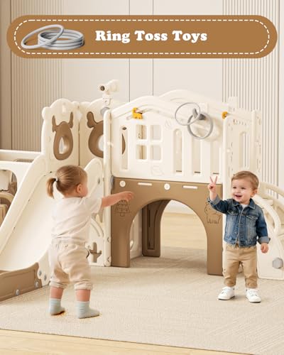 Image of XJD 10 in 1 Toddler Slide, Kids Slide for Toddlers 1-3, Toddler Play Climber Slide Playset with Basketball Hoop and Ball,Toddlers Outdoor Indoor Playground (Brown, Large)