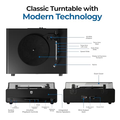 Image of Philips Record Player, All-in-One Bluetooth Turntable with Built-in Speakers, 3-Speed Belt-Drive Vinyl Record Player, Audio-Technica Stylus, Wireless Streaming in & Out, RCA /AUX /Headphone, Auto-Stop