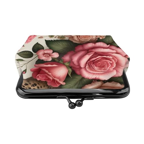 Pu Leather Buckle Coin Purse Roses-Leopard-Floral Girls Kiss-Lock Change Purse Wallets2