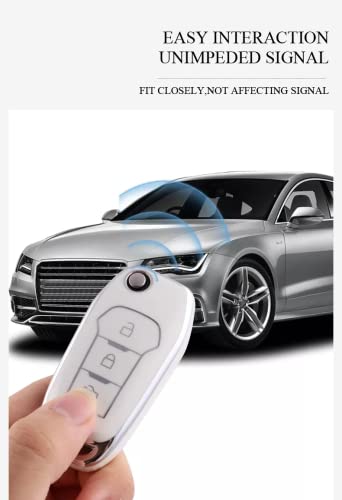 Image of JVCV Silver Border TPU Key Cover Compatible with Ford Endeavour Figo Aspire Freestyle 3 Button Folding Key (White)