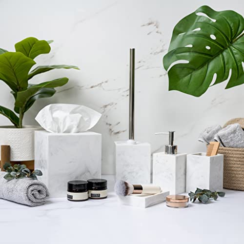 Kurrajong Farmhouse 5 Piece Bathroom Accessories Set Complete | Faux Marble and White Bathroom Accessory Set | Tissue Box, Toilet Brush, Soap Dish, Soap Dispenser, Toothbrush Holder - Image 4