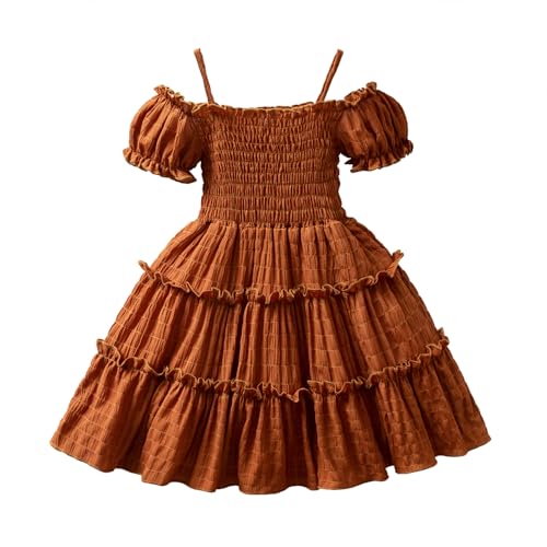 NNJXD Little Girl Summer Short Sleeve Dress Smock Kids Casual Holiday Clothes 2175 Brown Size(4Y) 3-4 Years