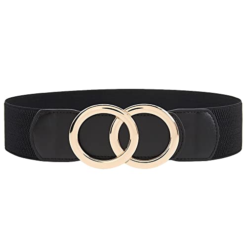 Weenkeey Ceinture Élastique Large pour Femme - Extensible Rétro avec Double Boucle Circulaire - Pour Robes et Manteaux - Noir, Taille Unique